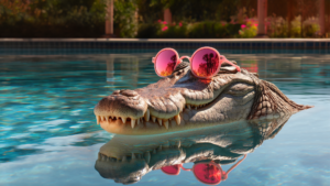 Et krokodillehoved svømmer stille i en swimmingpool mens det bærer farverige solbriller, omgivet af krystalklart vand.