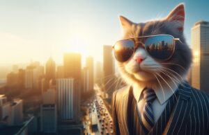 A stylish cat in sunglasses and a suit stands confidently against a sunset skyline, exuding a sense of urban sophistication.