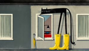 En superekscentrisk illustration af en kat med lange ben, der strækker sig ud af et vindue ved siden af gule gummistøvler og en paraply.